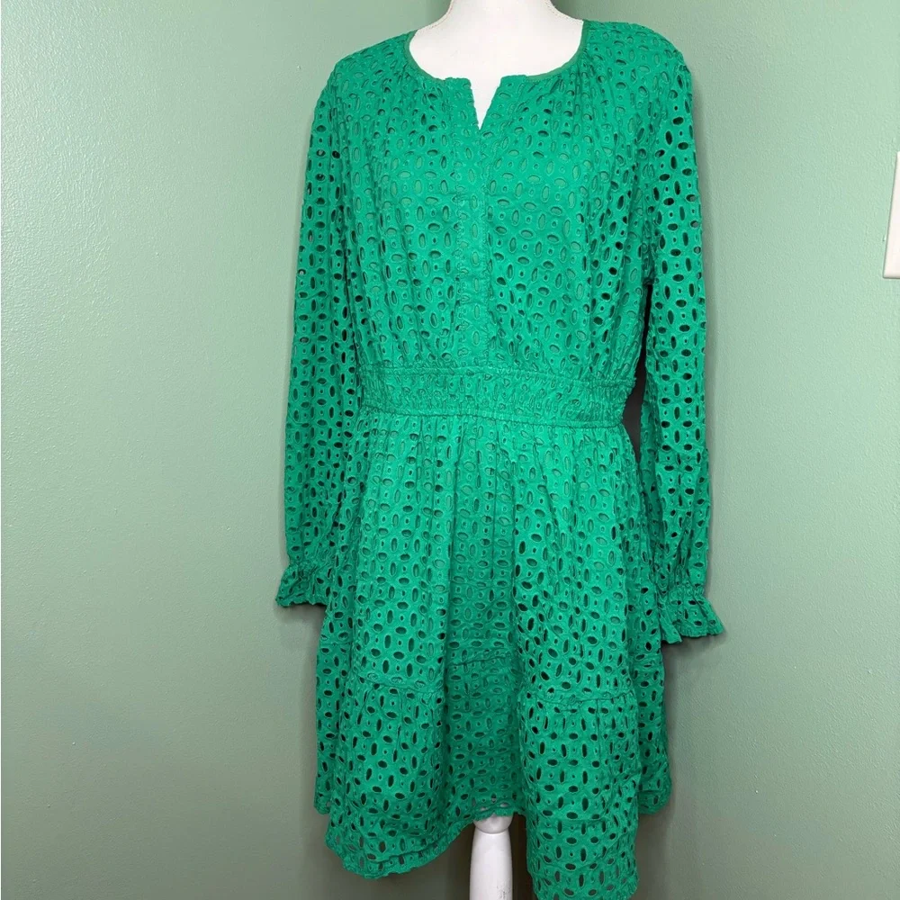 Green Long Sleeve Eyelet Dress - Women's Casual Tiered Dress - Picture 2 of 8